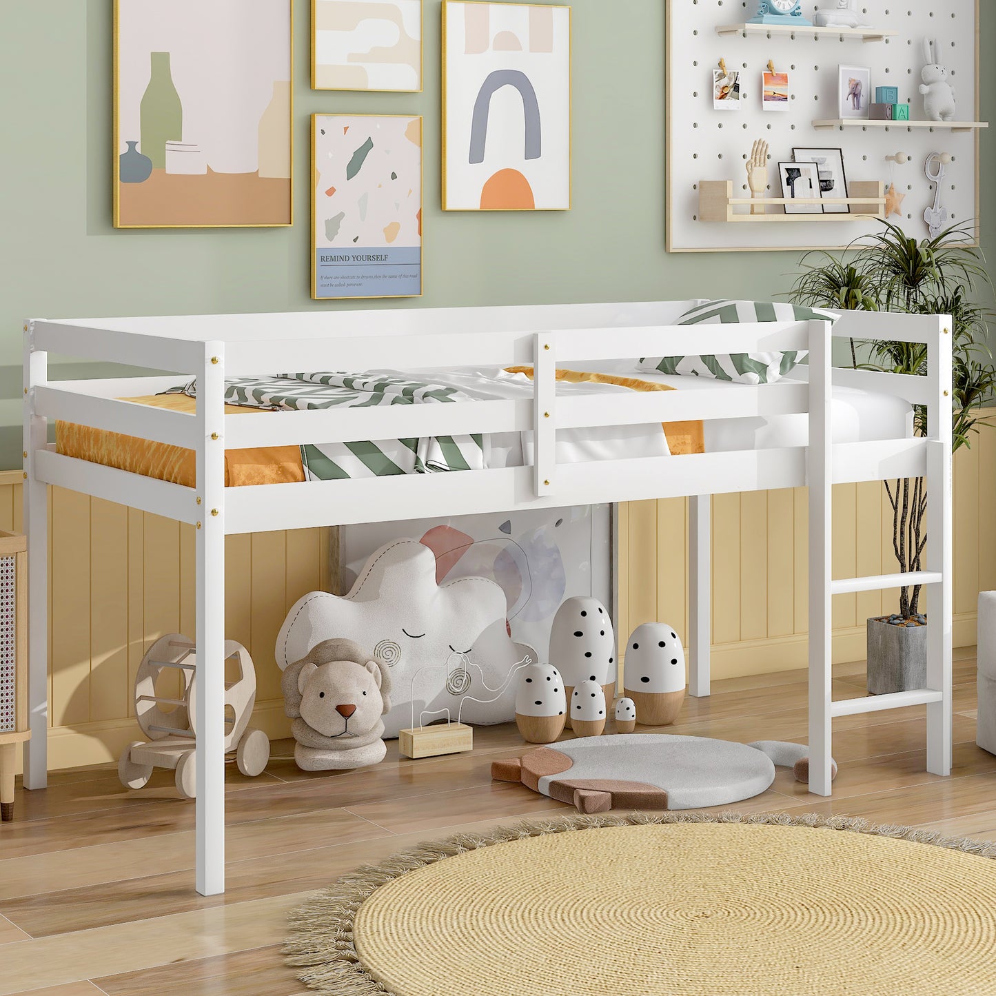 Sesslife Low Loft Bed, Wood Twin Loft Bed Frame with Ladder and Guardrails, No Box Spring Required, Easy Assembly (White)