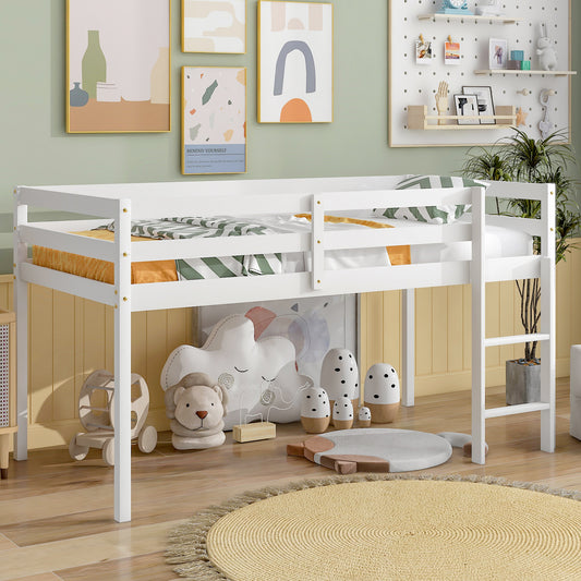 Sesslife Low Loft Bed, Wood Twin Loft Bed Frame with Ladder and Guardrails, No Box Spring Required, Easy Assembly (White)