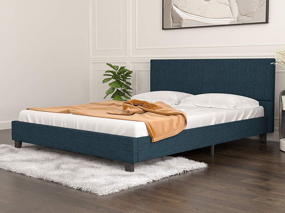 SESSLIFE Queen Bed Frame with Headboard, Upholstered Bed with Wooden Slats and Mattress Foundation, Metal Queen Size Platform Bed Frame for Bedroom Dorm, No Box Spring Needed, Blue, X2308
