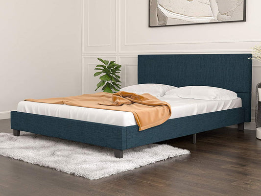 SESSLIFE Queen Bed Frame with Headboard, Upholstered Bed with Wooden Slats and Mattress Foundation, Metal Queen Size Platform Bed Frame for Bedroom Dorm, No Box Spring Needed, Blue, X2308