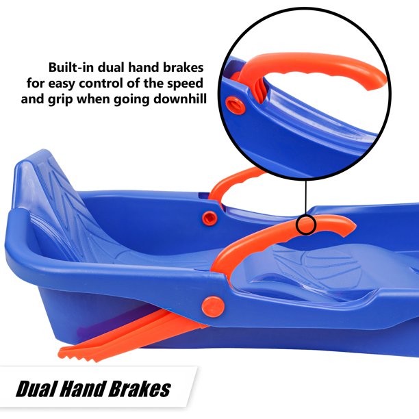 SESSLIFE Plastic Sleds for Kids Teens, 2 Packs Snow Sled with Pull Rope & 2 Brake, 35'' Long Durable Winter Sleds for Snow, Outdoor Toy for Two-Person, Blue & Orange