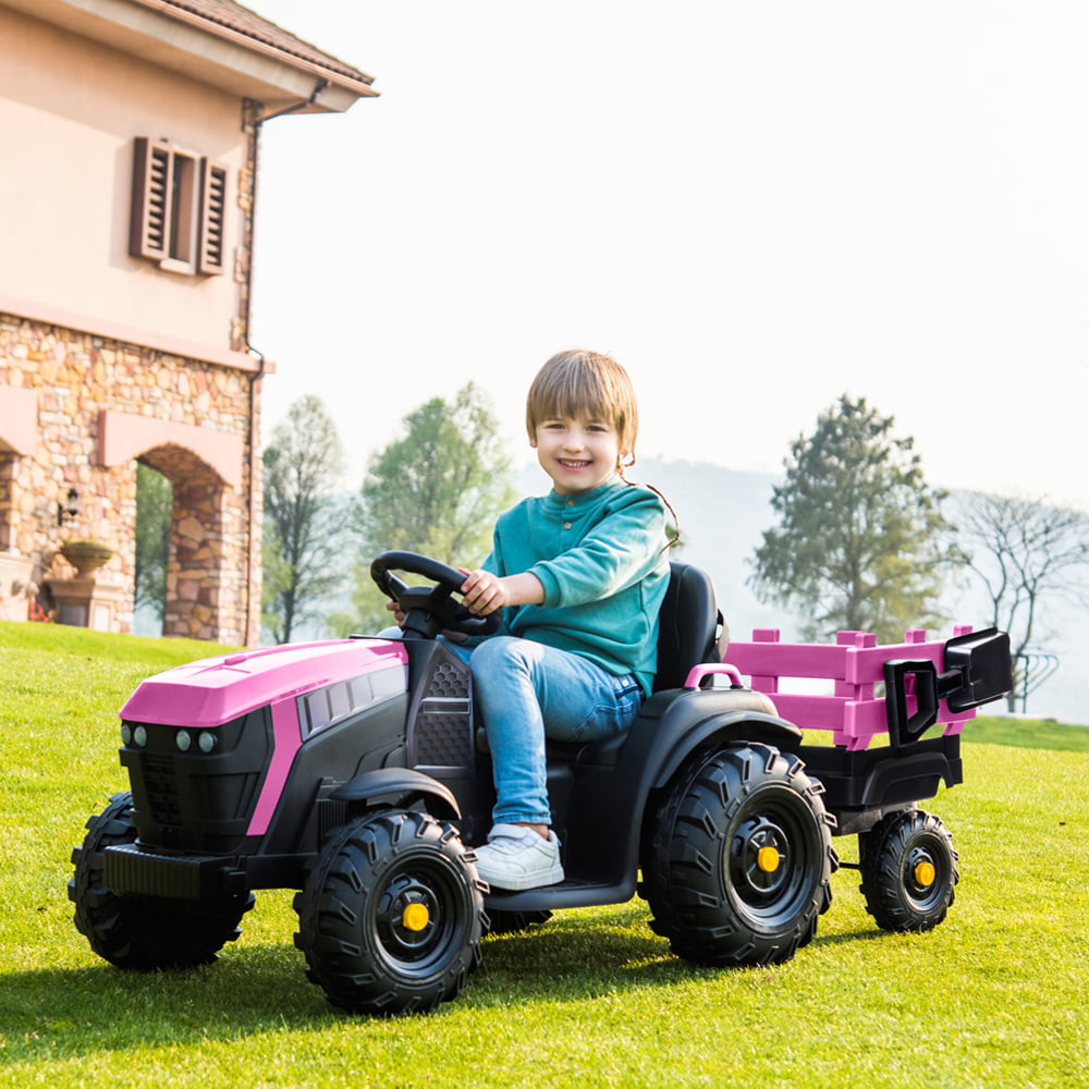 Kids Ride on Tractor Toy with Detachable Trailer, SESSLIFE 12V Electric Ride on Car with Multi-point Seat Belt, MP3 Player, Radio, 3-5 Years Old Boys Girls Ride on Toy for Birthday Gift, Pink