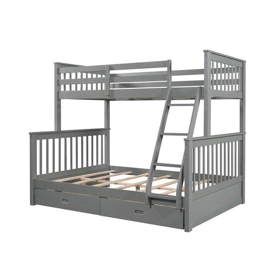 Bunk Bed Twin over Full, SESSLIFE Bunk Bed with 2 Drawers, Wood Bunk Bed with Ladder and Full-length Guardrails for Teens Kids, Modern Platform Bed Frame No Box Spring Needed, Gray, X2463