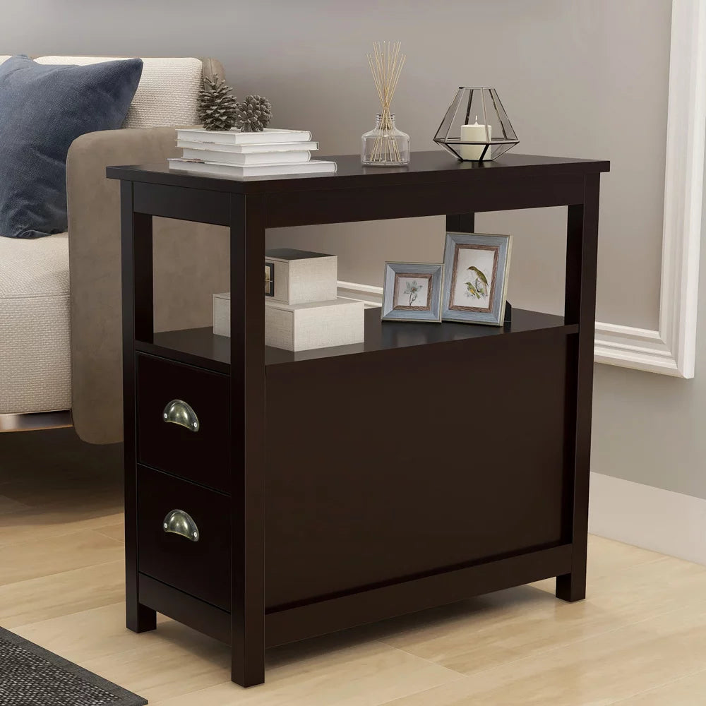Narrow End Tables for Living Room, Sesslife Wood Storage Side Table with Two Drawers and Open Shelf, Brown Sofa Table Nightstand for Bedroom, Modern Furniture