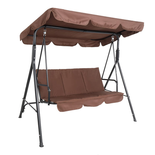 Adjustable Canopy Porch Swing with Cushioned Seat/Backrest, Sesslife Patio Swing Chairs for Backyard Porch Balcony, 3-Seat Canopy Swing Chair, Brown Outdoor Swing Porch Bench