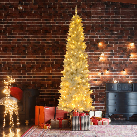 SESSLIFE Prelit Christmas Tree with Light, 7.5Ft Artificial Christmas Tree with 1050 Tips, Sturdy Stand, Flocked Christmas Tree for Holiday Decoration, White Pencil Xmas Tree for Indoor Outdoor, X1540