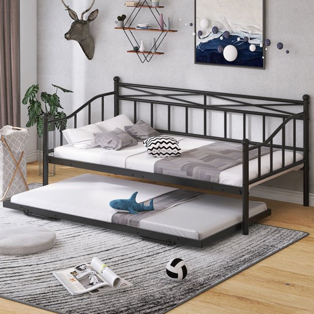 Twin Daybed with Trundle, SESSLIFE Metal Daybed Frame with Pop Up Trundle, No Box Spring Needed, Twin Size Sofa Bed with Steel Slats Support for Living Room Office, Black, X2705