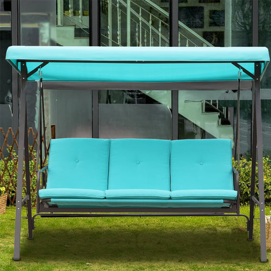 Sesslife Porch Swing with Canopy, 3-Seat Patio Swing Chairs for Backyard Porch, Converting Canopy Swing Chairs with Adjustable Canopy and Cushions, Steel Outdoor Porch Swing Bed, Blue