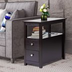 Narrow End Tables for Living Room, Sesslife Wood Storage Side Table with Two Drawers and Open Shelf, Brown Sofa Table Nightstand for Bedroom, Modern Furniture