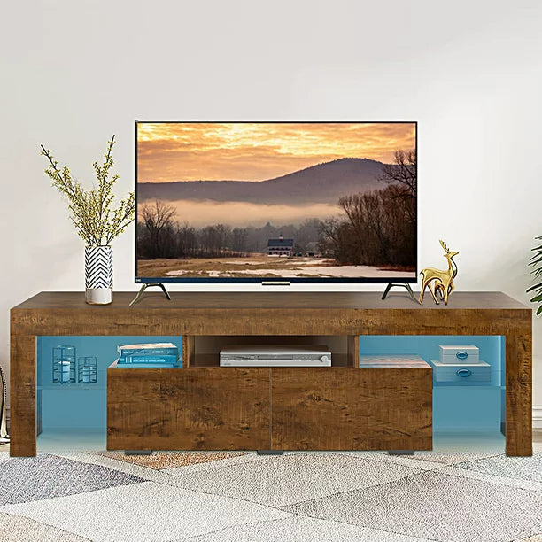 SESSLIFE TV Console Table for 70 Inch TV, Large Television Stand with RGB LED Lights, Farmhouse Wood Entertainment Center， TV Cabinet with 2 Drawers, TV Cabinet for Living Room, Bedroom