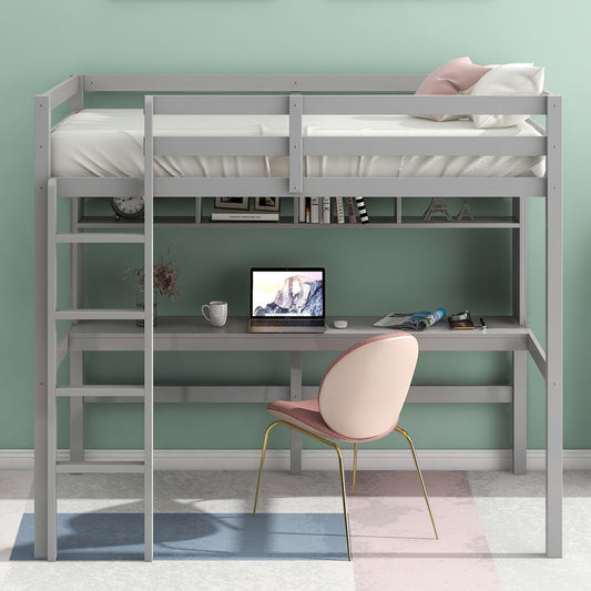 Sesslife Twin Size Wood Loft Bed with Desk, 4 Storage Shelves, No Box Spring Needed, Gray Loft Bed with Ladder and High Guardrails, Space Saving Loft Bed Frames for Teen Kids Bedroom Dorm