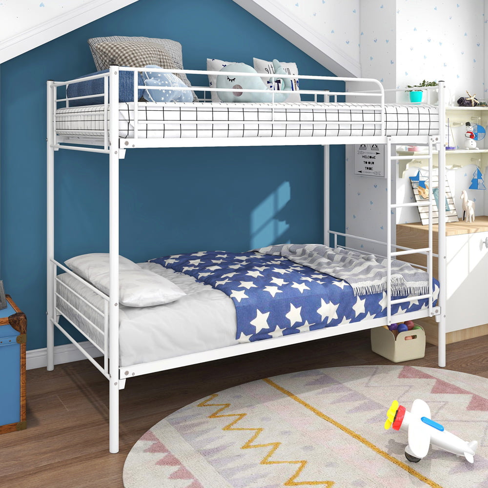 Twin over Twin Bunk Beds, SESSLIFE Metal Bunk Beds for Kids Teens Adults, Platform Bunk Bed Frame with Ladder and Safety Guard Rail, Space-Saving Bunkbeds No Box Spring Needed, White, X2279