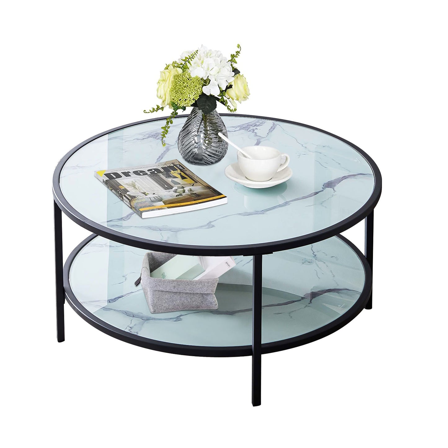 Sesslife 35 inches Round Coffee Table, 2-Tier Glass Round Coffee Table with Surface Top & Sturdy Metal Legs, Faux Marble Round Accent Side Coffee Table with Storage Open Shelf