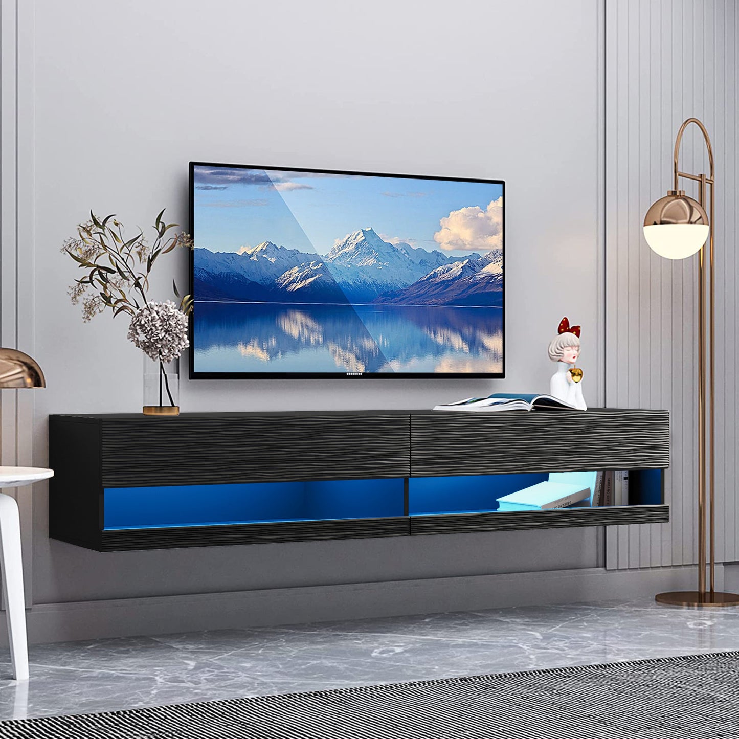 Sesslife Floating TV Stand Wall Mounted, LED Entertainment Center with Storage Cabinets, TV Stand for 80 Inch TV, Gaming Entertainment Center Console Table with Lights, Black