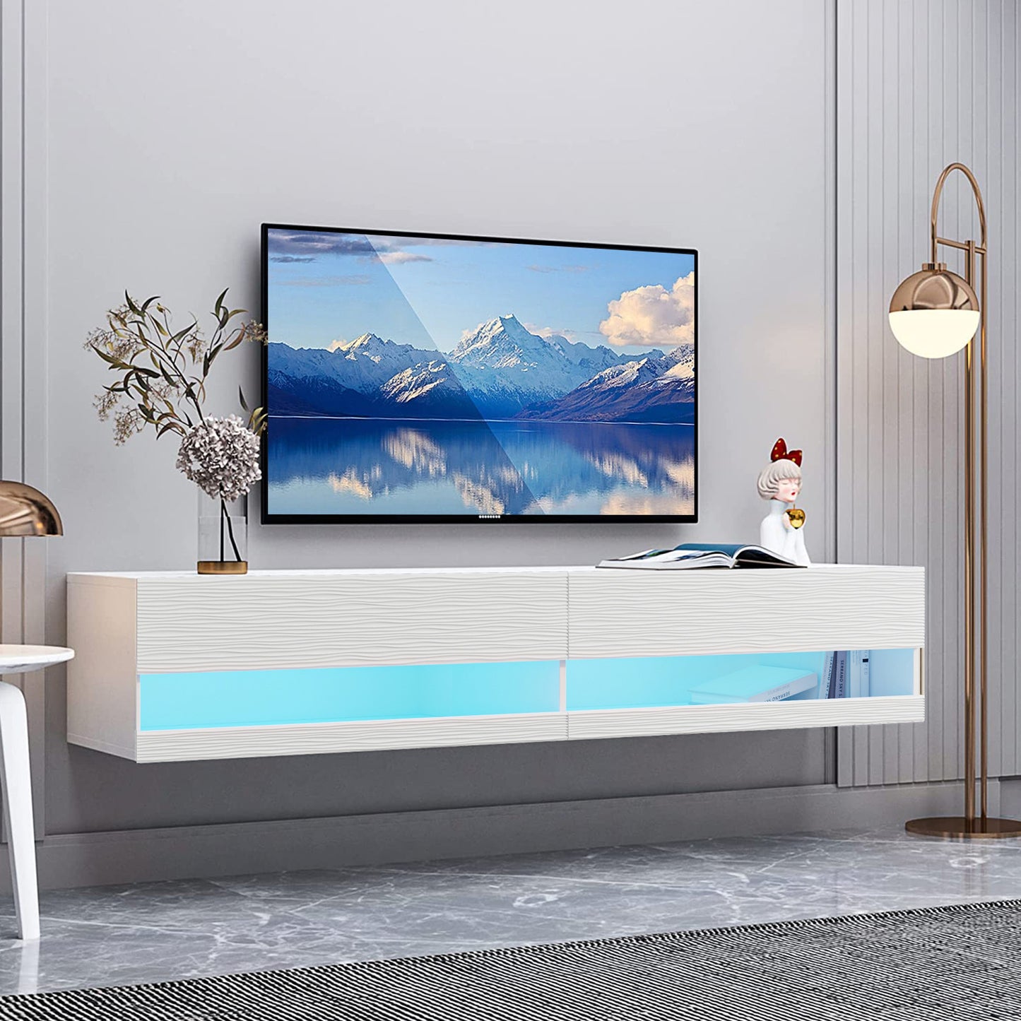 Sesslife Floating TV Stand Wall Mounted, LED Entertainment Center with Storage Cabinets, TV Stand for 80 Inch TV, Gaming Entertainment Center Console Table with Lights, Black