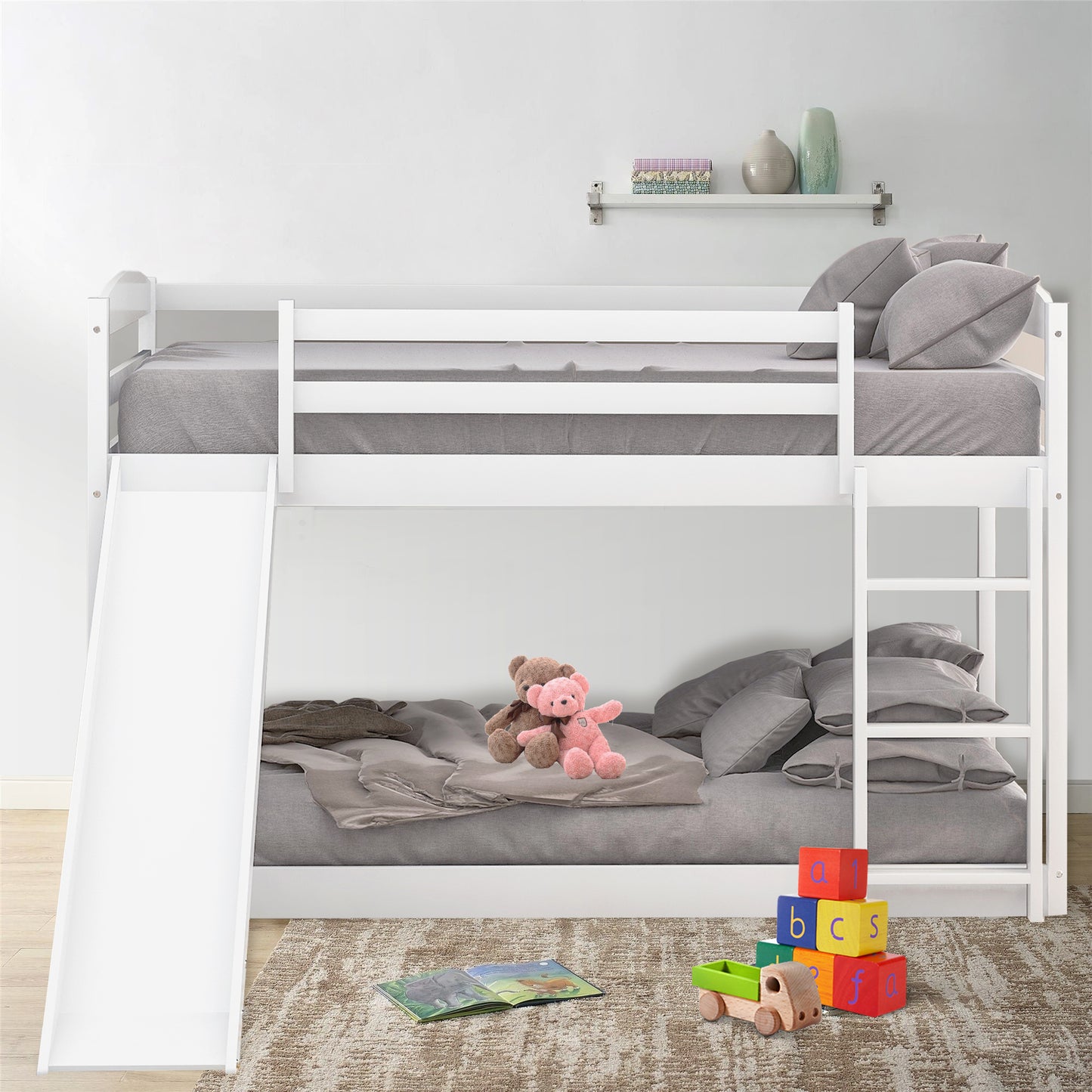 Twin Over Twin Bunk Bed, Wooden Bunk Bed with Convertible Slide and Durable Ladder, High Guardrail Kid Bed Frame, DT46