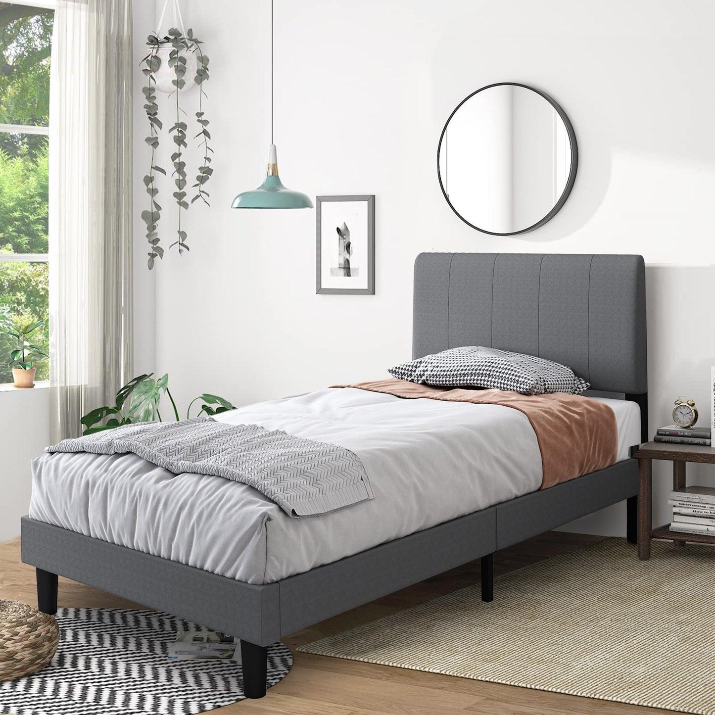 Sesslife Gray Platform Bed Frame, Twin Bed Frame with Upholstered Headboard, Twin Floor Bed Frame, Mattress Foundation, No Box Spring Needed, Easy Assembly