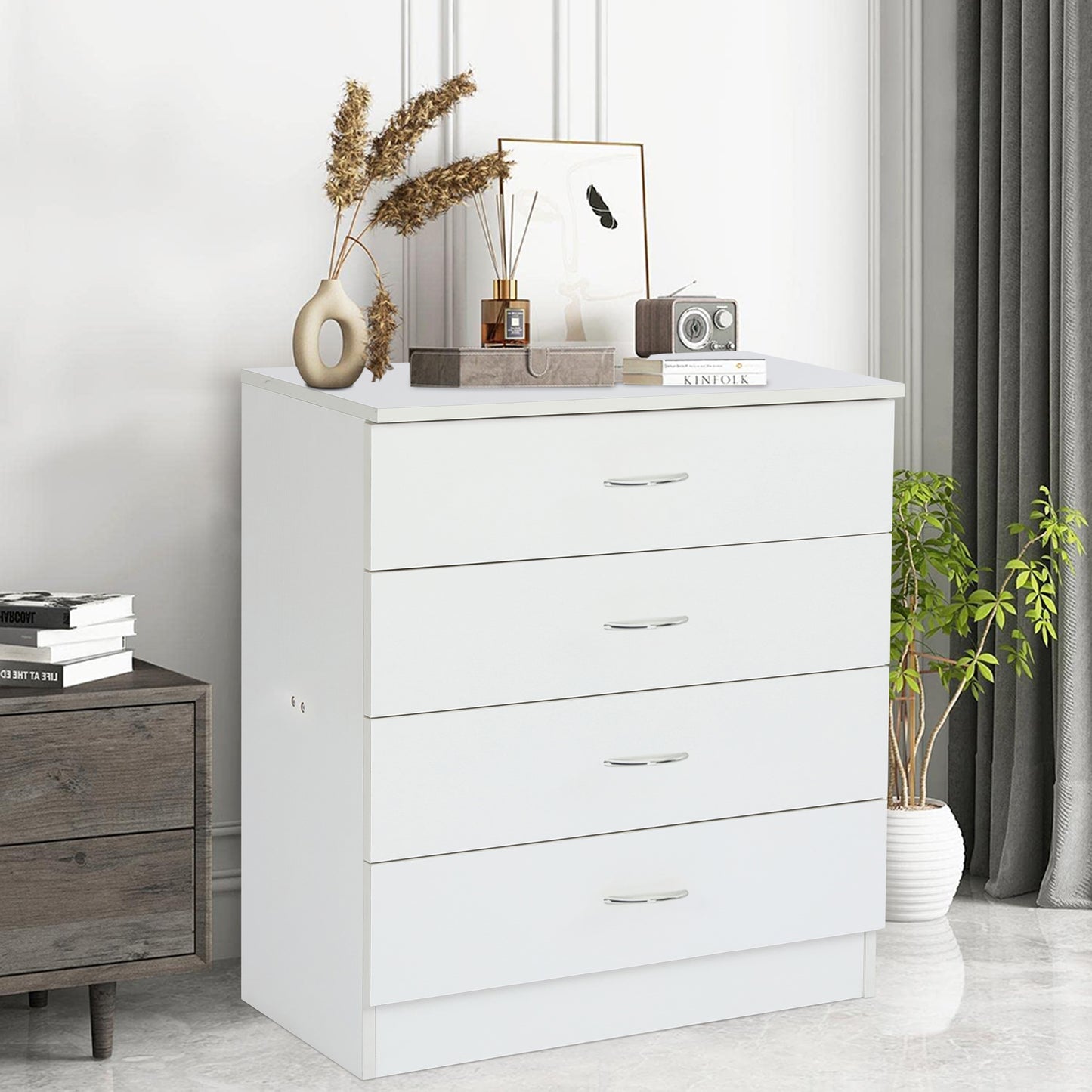 Dresser for Bedroom, Wood 4 Drawer Dresser Storage Drawer, White Living Room Hallway Closets Drawer Chest, DT43