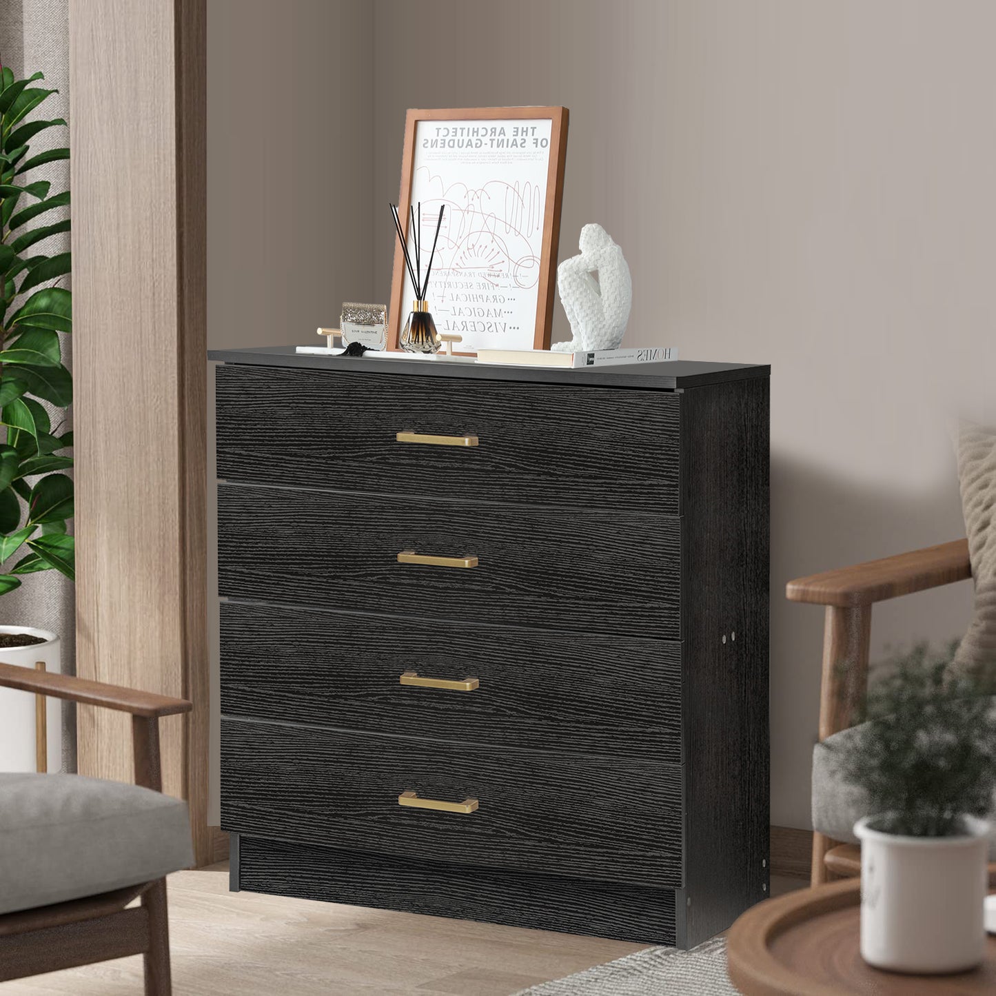 SESSLIFE 4 Drawer Chest, Wood Storage Dresser Cabinet, Craft Storage Organization, Makeup Drawer Unit for Closet, Bedroom, Office, White