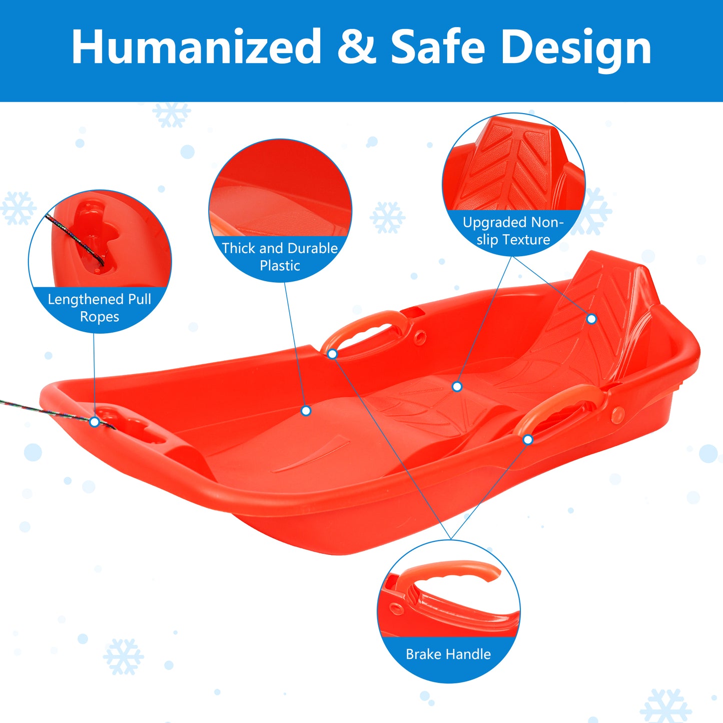 2 Pack Downhill Snow Sled for Kids, Plastic Frame Toboggan Snow Sled, Blue Sled Slider with 2 Handles