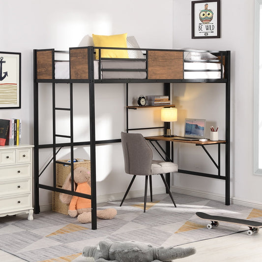 Twin Loft Beds for Kids, SESSLIFE Metal Loft Bed with Desk and Storage Shelf, Black Loft Bunk Bed No Box Spring Needed for Bedroom Dorm, Twin Beds with Brown Pine Wood Headboard, X1955