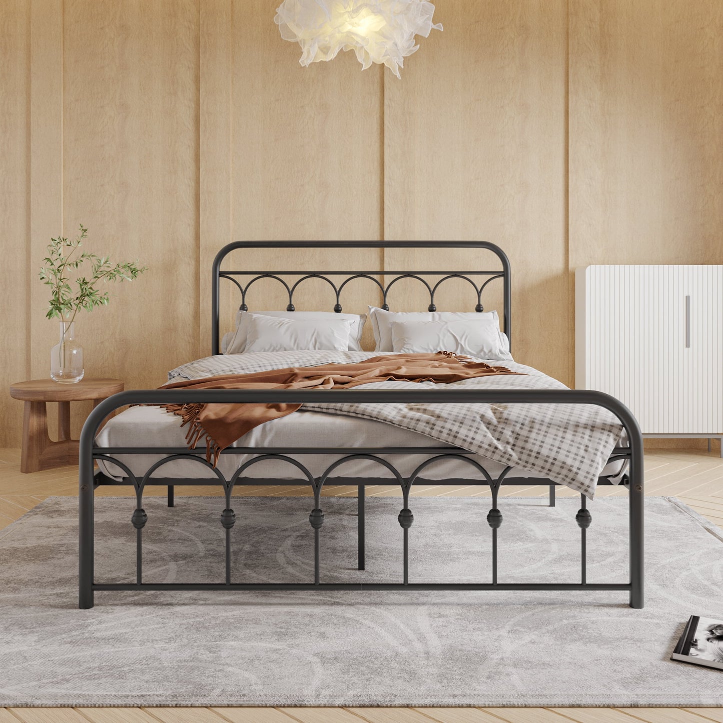 SESSLIFE Queen Size Bed Frame, Antique Queen Platform Bed Frame with Headboard and Footboard, Victorian Style Metal Platform Bed Frame with Slats Support, Black Bed Frame for Bedroom