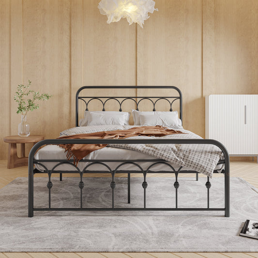 SESSLIFE Queen Size Bed Frame, Antique Queen Platform Bed Frame with Headboard and Footboard, Victorian Style Metal Platform Bed Frame with Slats Support, Black Bed Frame for Bedroom