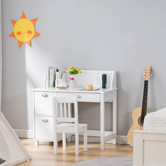 White Wood Kids Desk and Chair Set with Storage Drawer, 2 Cabinets, Book Organizer for Bedroom Office, X180