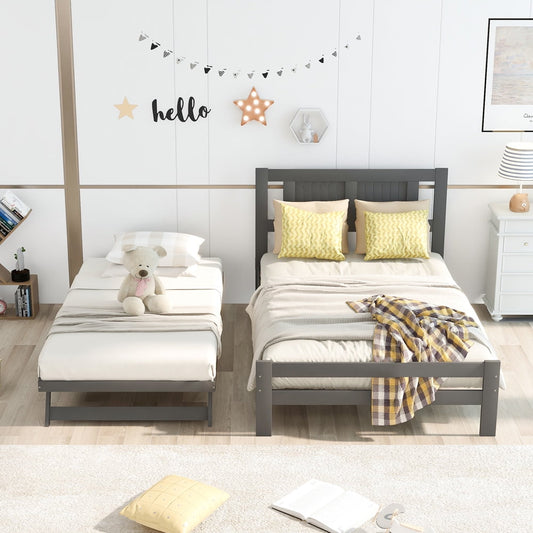 SESSLIFE Platform Bed with Adjustable Trundle, Wood Full Bed Frame with Headboard for Kids Teens Adult, Convertible 2-in-1Modern Beds for Bedroom Guest Room, No Box Spring Needed, Gray, X2151