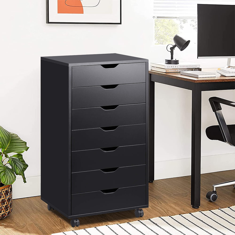 Wood Dresser for Bedroom, Sesslife 7 Drawer Dresser with 360¡ã Removable Casters for Living Room Office, Black Chest of Drawers, Modern Storage Cabinet 18.9"L x 15.7"W x 34.5"H