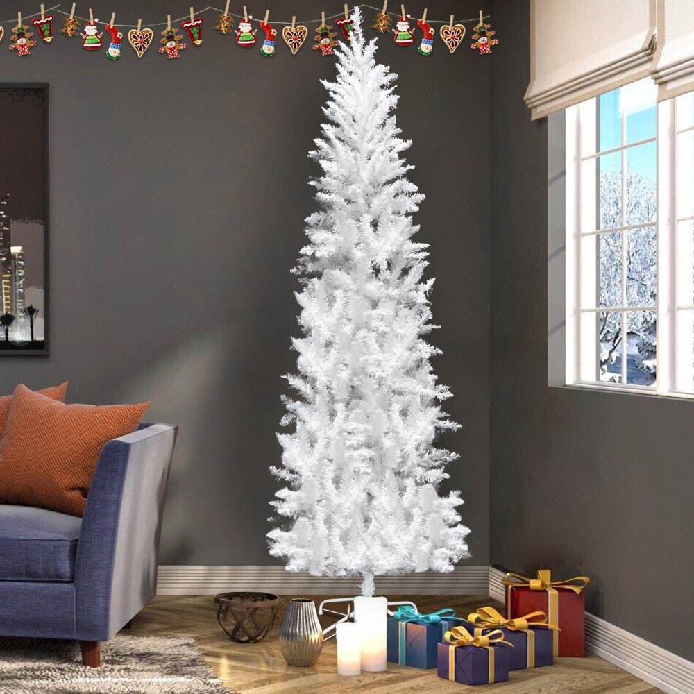 Artificial Pre-lit Christmas Tree 7.5 Ft, SESSLIFE Pencil Christmas Tree with Decoration Tied Lights, 1050 Tips, Metal Stand, Flocked Christmas Tree for Home Office Store Christmas Decor, White, X1552