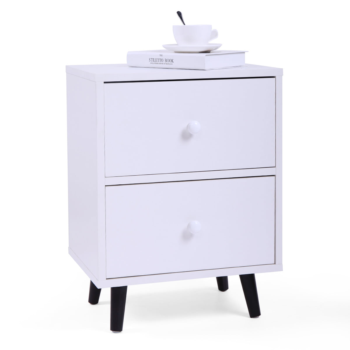 Set of 2 Bedside Table, SESSLIFE Modern Bedroom Wood Nightstand with 2 Drawers, Low Foot End Table, White, X344