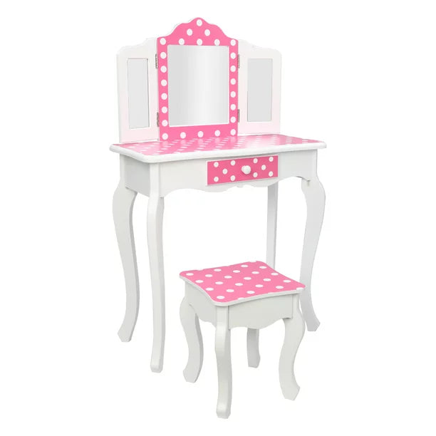 SESSLIFE Vanity Sets for Girls, White Vanity Play Set, Dressing Table Dresser Wooden Toy Makeup Vanity Table & Stool with 3 Foldable Mirror and a Drawer