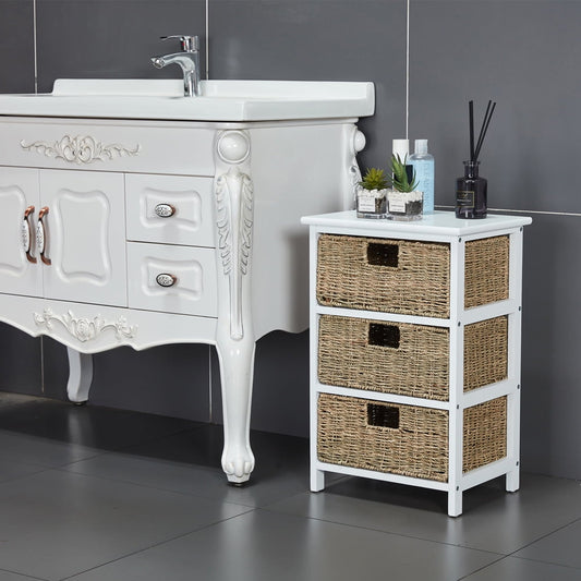 White Nightstand with 3 Basket Drawers, Sesslife Wood Bedside Tables for Hallway, Accent End Tables Bedroom, Dresser Storage Tower with Wood Top, Organizer Unit for Closets, Brown, X3122