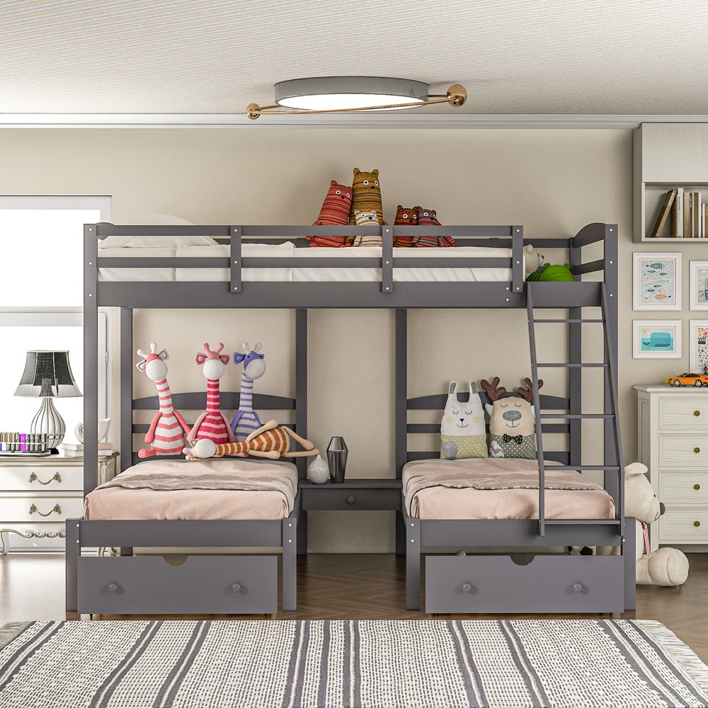 SESSLIFE Triple Bunk Bed, Full over Twin & Twin Wood Bunk Beds Frame with Safety Rails & Ladder, Kids Teens Bunk Bed with Drawers for Kids Teens Adults, Gray Bunk Bed No Box Spring Needed, X2904