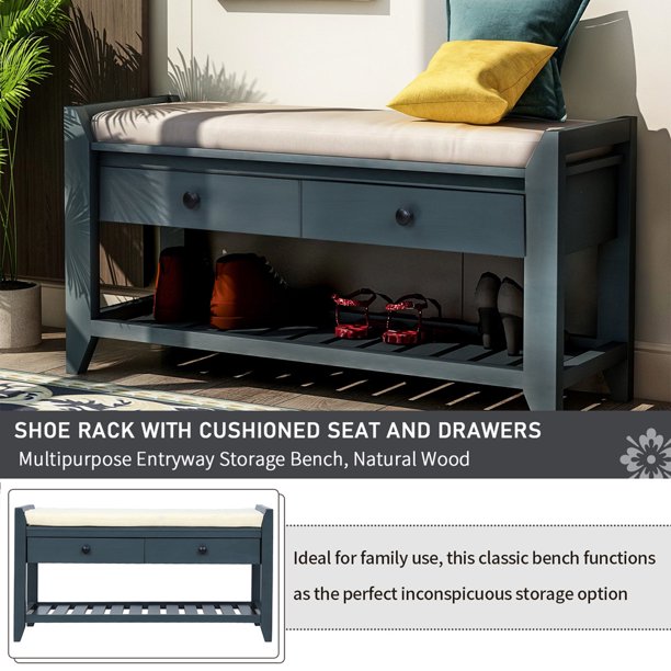 Entryway Bench with Storage Drawers, SESSLIFE Wooden Shoe Bench, Modern Storage Bench with Cushion, White, X296