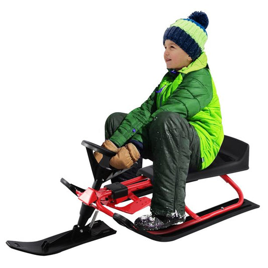 Sesslife Snow Racer Sled with Steering Wheel, Double Brakes and Pull Rope, Metal Snow Racer Sled for Kids and Adults, Red & Black