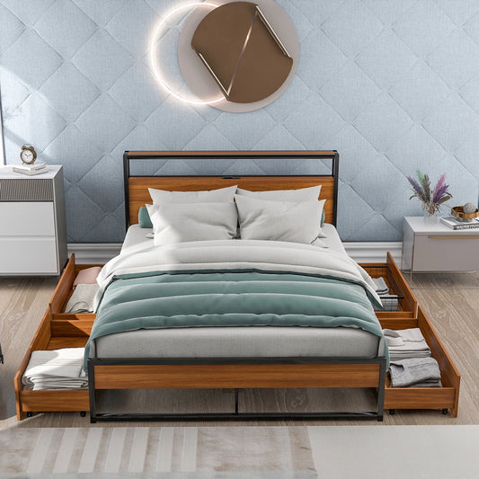 Sesslife Queen Bed with 4 Drawers, Queen Size Metal Platform Bed Frame with Sockets and USB Ports, Modern Rustic Bed Frame No Box Spring Needed, 770 LBS Capacity Bed with for Kid Teen Adult, Black
