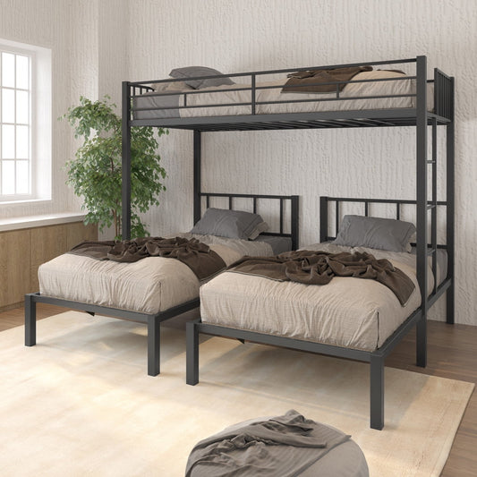 Triple Bunk Bed for Kids Teens, SESSLIFE Metal Twin Bunk Bed with Guardrails and Ladder for Bedroom Dorm, Space-Saving Twin Over Double Twin Bunk Beds Can Be Separated into 3 Beds, Black, X2844