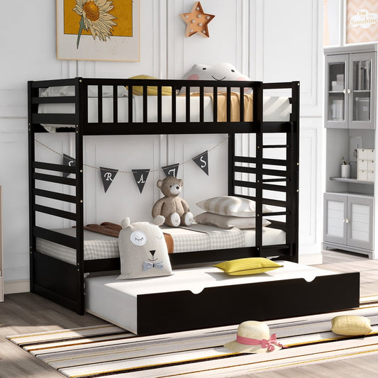 SESSLIFE Twin Over Twin Bunk Bed with Trundle, Wood Bunk Bed with Ladder & Safety Guardrails, Convertible 2 Twin Size Bed No Box Spring Needed for Boys Girls, Kids Bedroom Furniture, Espresso, X2089