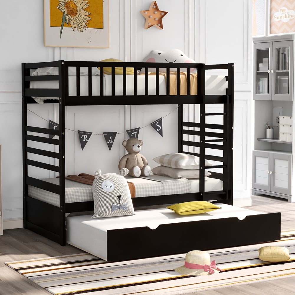 SESSLIFE Wood Bunk Bed with Trundle, Twin Over Twin Bunk Bed with Ladder and Full-length Guardrails, Twin Bed Frame with Slats, No Box Spring Need, Kids Teens Bed Frame for Bedroom, Espresso, X2092