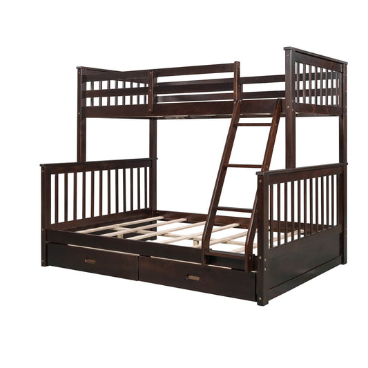 Twin over Full Bunk Bed, SESSLIFE Wood Bunk Bed with Drawer and Guard Rail, Kids Bunk bed with Ladder & Slats Support, Space Saving Storage Bed Frame for Bedroom Dorm, Espresso, X2458