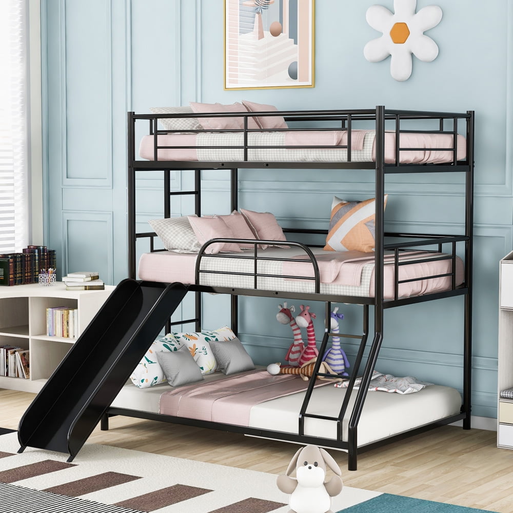 Metal Bunk Beds with Slide, SESSLIFE Triple Twin over Twin over Full Bunk Beds, Bed Frame for Kids Teens Boys Girls, Space-saving Low Bunk Bed with 2 Ladders & Full-Length Guardrails, Black, X2210