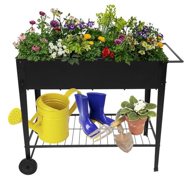 Garden Planter Box, SESSLIFE 32" H Tall Outdoor Elevated Garden Bed on Wheels with Legs, Mobile Raised Garden Bed Cart for Vegetables Flower Herb, Metal Garden Box w/Storage Shelf Handle, Black, X1041