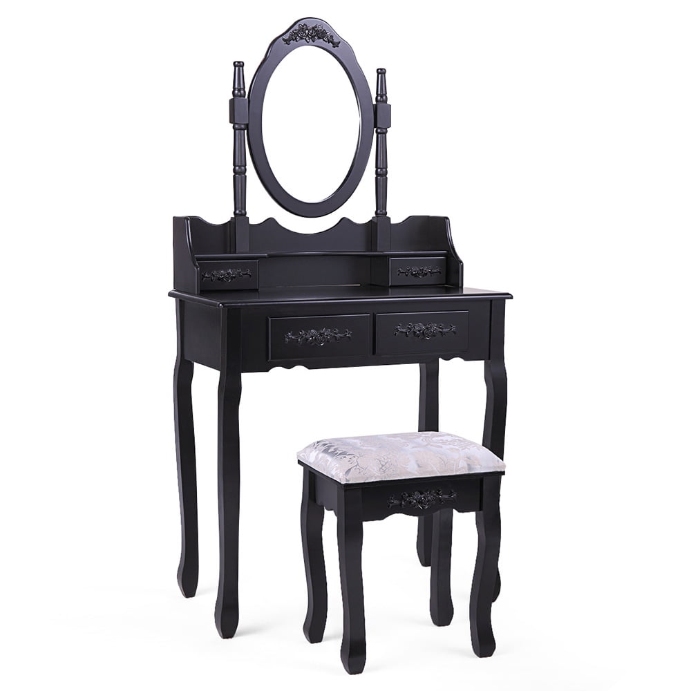 Black Vanity Set with Mirror, SESSLIFE Wood Makeup Table Set for Bedroom Makeup Room, Vanity Desk with Drawers, Makeup Stool for Girl and Woman, Study Table with Storage and Pine Wood Legs