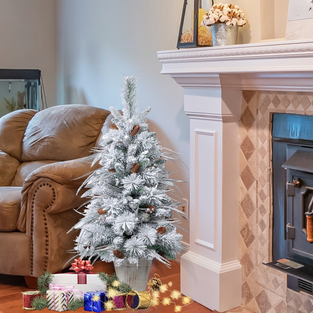 SESSLIFE Mini Christmas Tree for Tabletop, 3.5FT Table Top Potted Christmas Trees with Pine Cones, White Snow Frosted Christmas Tree for Desktop Fireplace, Indoor Christmas Decorations, X1246