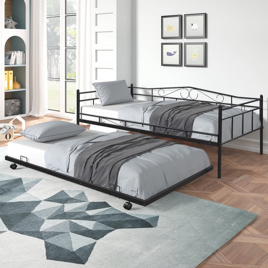Twin Size Daybed with Trundle, Sesslife Metal Daybed and Trundle Set for Living Room Guest Room, Day Bed Frame with Slats Support, Twin Sofa Bed No Box Spring Needed for Kids Teens Adult, Black, X3249