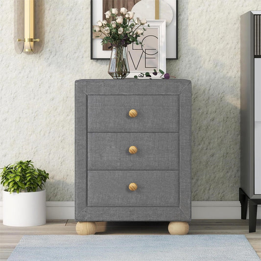 Storage Nightstand with Drawers, Sesslife Upholstered Night Stand for Bedroom, Modern Bedside Table with Natural Wood Knobs and Legs, Pine Wood Frame, Dark Gray