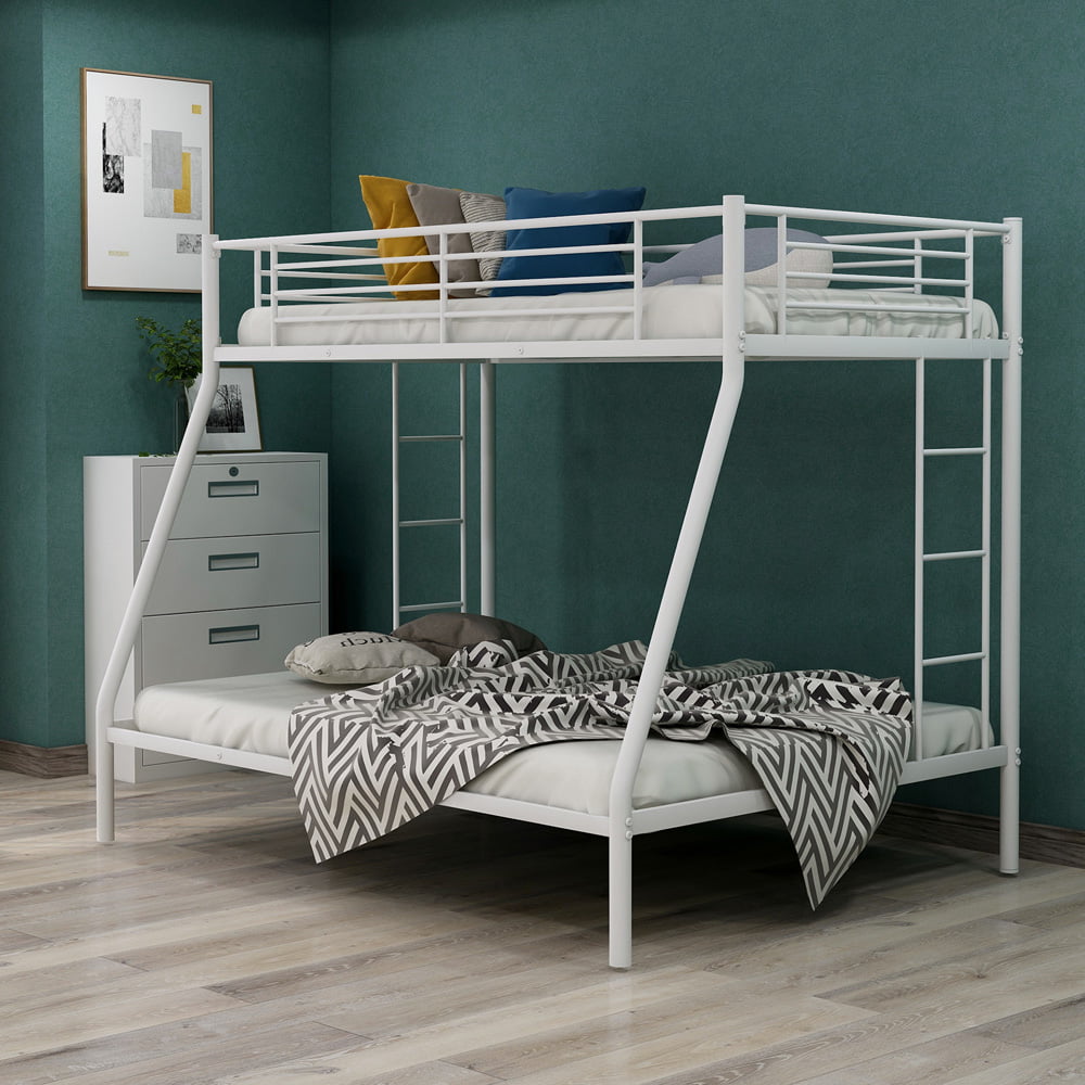 Metal Bunk Bed for Kids, SESSLIFE Twin Over Full Size Bunk Bed with Guard Rail, Two Sides Ladder, Steel Slats Support, Space-Saving Bed Frame for Boys Girls Bedroom Dorm Small Space, White, X2025