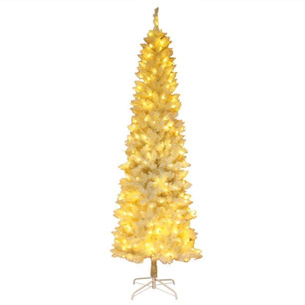 Artificial Pre-lit Christmas Tree 6.5 Ft, SESSLIFE Pencil Christmas Tree with Decoration Tied Lights, 719 Tips, Metal Stand, Flocked Christmas Tree for Home Office Store Christmas Decor, White, X1551